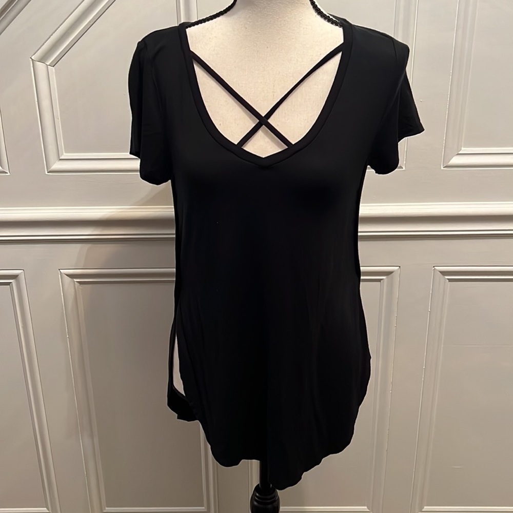 SWS Essentials - Black Criss Cross Front Flowy T-Shirt